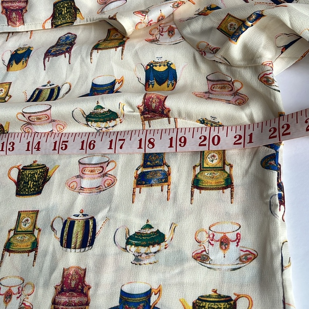 Talbots Bridgerton Print Blouse Size L Long Sleeves Teapots Cups - Picture 14 of 15